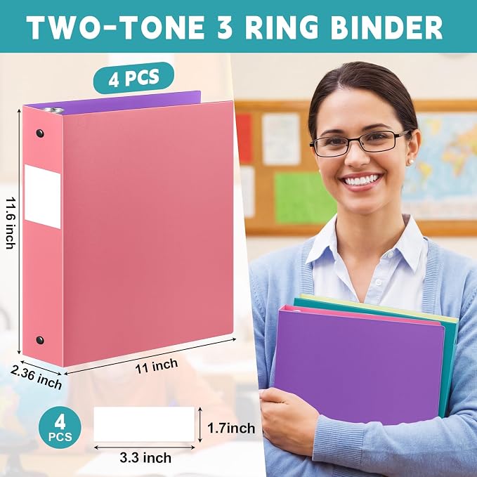 Henoyso 4 Pack Two-Tone Durable 3 Ring Binders 2 Inch, 4 Inner Pockets, Colored Plastic Flexible Binders with Large Capacity for School & Office