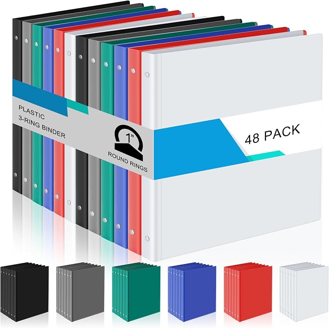 Fulmoon 48 Pack 3 Ring Plastic Binders 1 Inch Bulk with 2 Pockets, Flexible Binder Loose Leaf Hardcover, Fit 12" x 10" US Letter Size Paper, for School Office Home, 6 Colors(Classic)