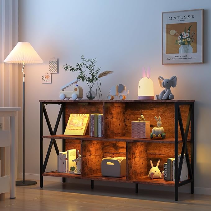 Adompacat 47" 5 Cube LED Bookshelf, Industrial Horizontal Storage Organizer, Wood Metal Low Wide Cubby Bookcase with LED Lights, Open Shelf for Living Room Bedroom Game Room(47 in, Brown)