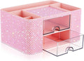 MotiMind Pink Bling Desk Organizer with 2 Drawer, Sparkly Makeup Organizer for Vanity, Girly Desk Accessories, Rhinestone Pen Holder, Elevate Your Workspace with Pink Serenity (Pearl)