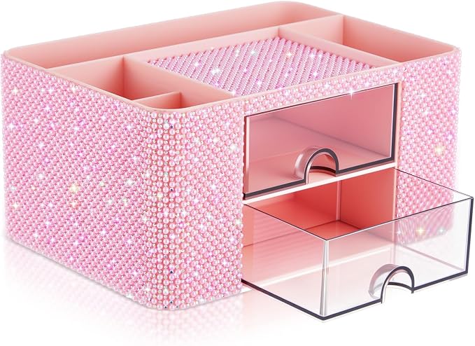 MotiMind Pink Bling Desk Organizer with 2 Drawer, Sparkly Makeup Organizer for Vanity, Girly Desk Accessories, Rhinestone Pen Holder, Elevate Your Workspace with Pink Serenity (Pearl)