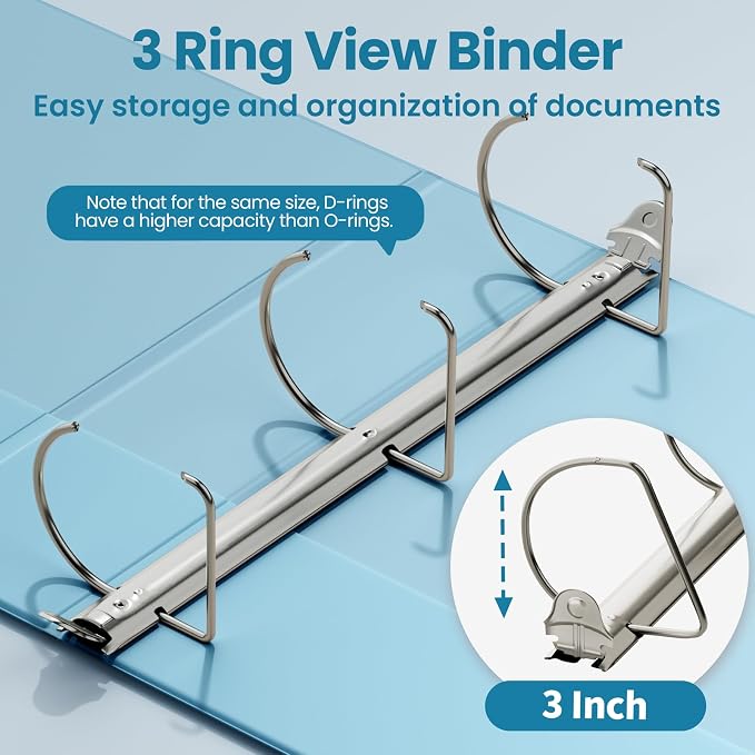 SUNEE 3 Ring Binder 3 Inch D Ring, Clear View Large Binder Three Ring PVC-Free (Fit 8.5x11 Inches) for School or Office Supplies, Sky Blue, 1 Pack