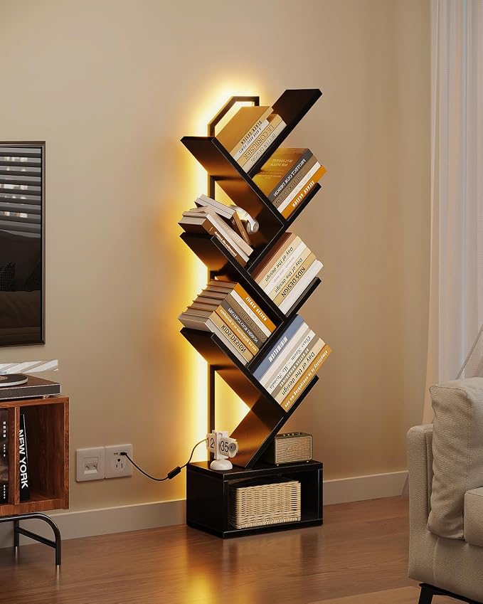 Casaottima Tree Bookshelf with LED Lights, 6-Tier Small Bookshelf, Black | Narrow Bookcase for Small Spaces, Steel & Wood Storage Shelf with Cabinet, Home Organizer for Living Room, Bedroom, Office