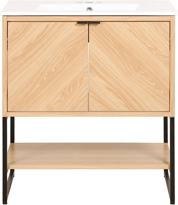 JONATHAN Y Juhl 30" Chevron Freestanding Bathroom Vanity Cabinet, Oak | Modern Minimalist Design, 18" Deep 33" Tall, 2 Soft-Close Doors, Interior And Open Shelves, Sink Not Included