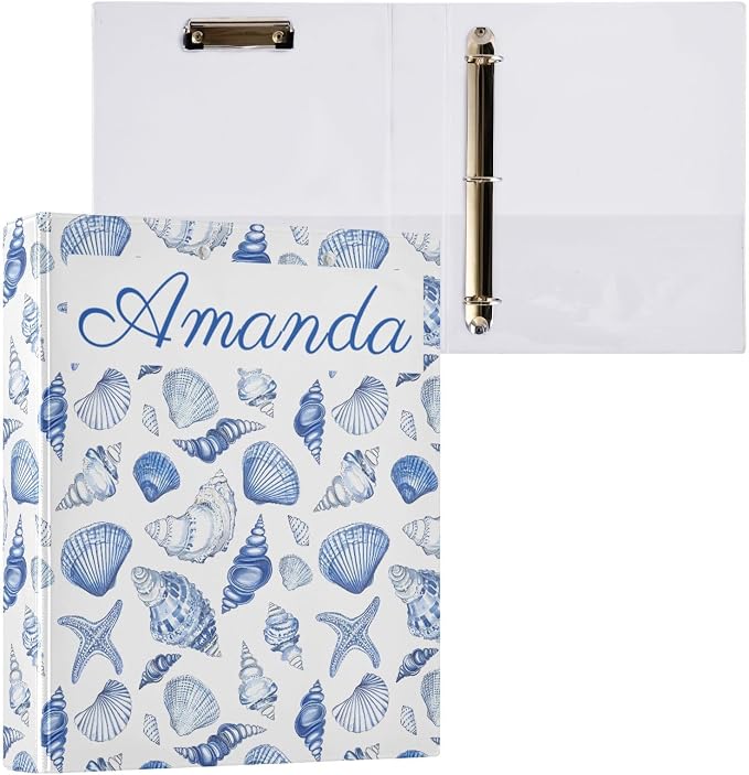 Custom Personalized Name Navy Seashells 3 Ring Binder 1.5 Inch