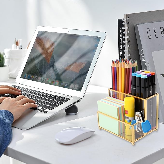 Glass Pen Holder for Desk,Gold Pencil Holder with 3 Compartments,Small Desk Organizer for Pens/Pencils/Sticky Notes,Stylish Clear Pen Organizer for Home Office Desk