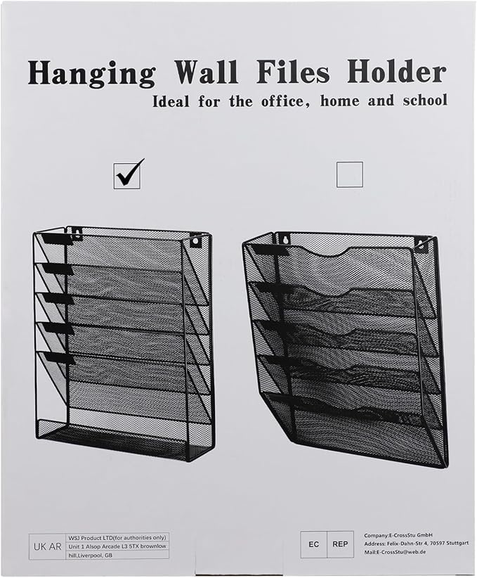 5 Pockets Mesh Wall File Holder Organizer with Bottom Flat Tray, Office Hanging File Folder Magazine Rack, Nametag Label Hooks Set Included, Black