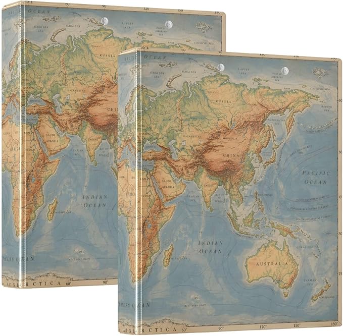 Retro World Map Continents 3 Ring Binder with 2 Interior Pockets 1.5 inch Binders 3 Ring Heavy Duty Fit 8.5" x 11" Letter Size for Office School, 2 Pack