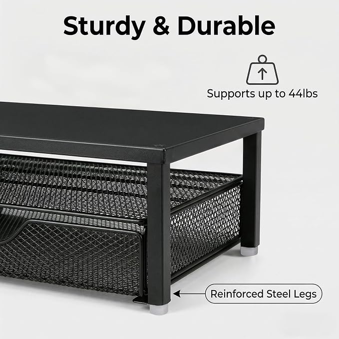 Spacrea Desk Organizer and Accessories, Computer Monitor Stand Riser with Drawer and 1 Open Pen Holder, Printer & Laptop Stand, Office Desk Accessories for Home Office Supplies (Black)