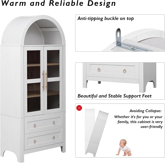 71" Arched Storage Cabinets with Glass Doors, Farmhouse Kitchen Pantry Cabinet with 2 Large Drawers, Tall Bookcase with Adjustable Shelves, Curio Cabinet, Display Cabinet(White)