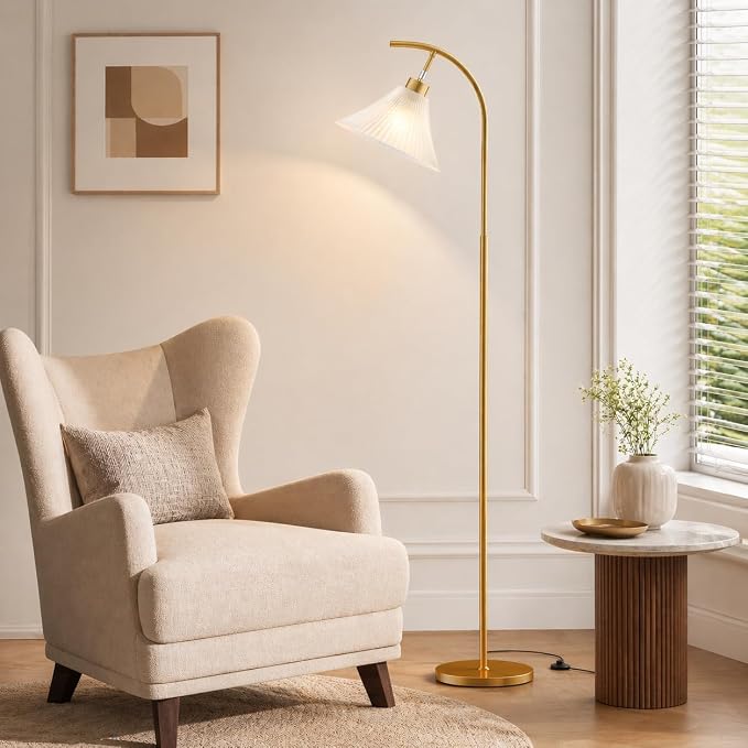Gold Floor Lamp with Remote, Dimmable Glass Arc Standing Lamp, Ribbed Frosted Glass Shade, 3 Color Temperatures, Foot Switch, 9W LED Bulb for Living Room Bedroom Office
