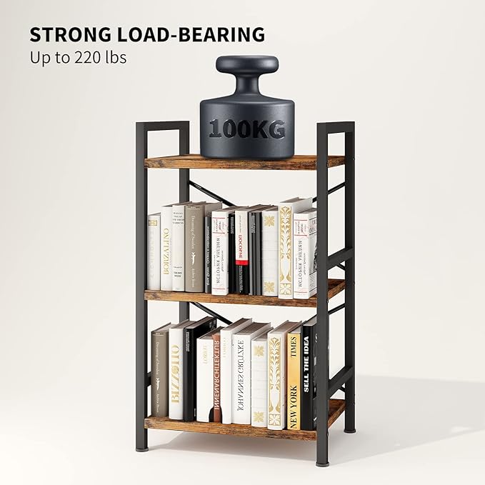 Homeiju Bookshelf, 3 Tier Industrial Bookcase, Metal Small Bookcase, Rustic Etagere Book Shelf Storage Organizer for Living Room, Bedroom, and Home Office(Rustic Brown) Patent Pending D29873033