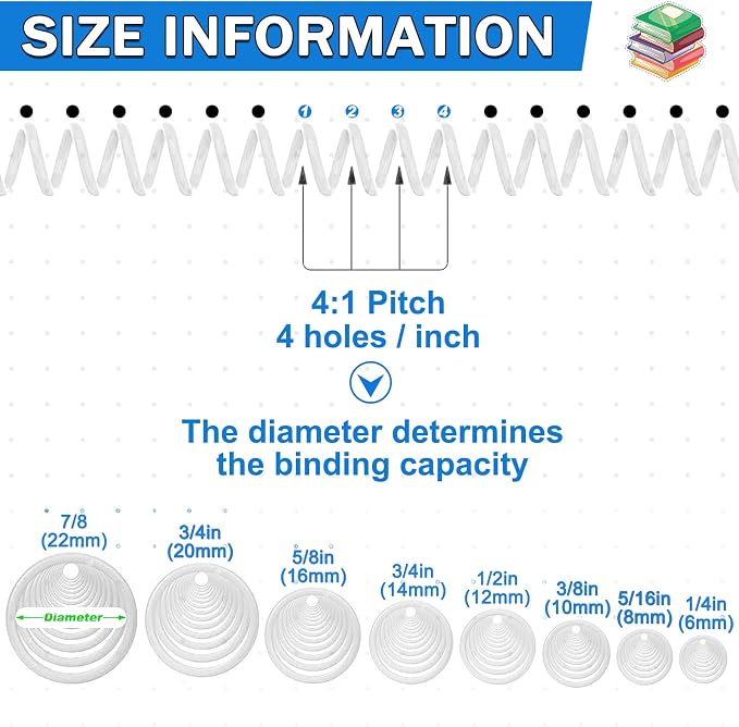 120 Pack Plastic Spiral Binding Coils Binder Binding Spirals Rings Multi Size Spiral Binding Wire Combs Spines Coils, 4:1 Pitch (White, 1/4 5/16 3/8 1/2 9/16 5/8 3/4 7/8 Inch)