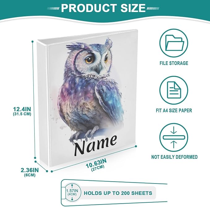 Custom 3 Ring Binder Owl Watercolor 1.5" Round Ring Binders Personalized Name View Binder with 200 Sheet for Women Men Office Kids School Supplies, 1 Pack