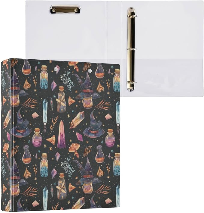 Witchy Crystals Pattern 3 Round Ring Binders | 1.5 Inch Binder with Clipboard, PVC Pockets, Work Organizer, Holds 200 Sheets for School Office 1 Pack