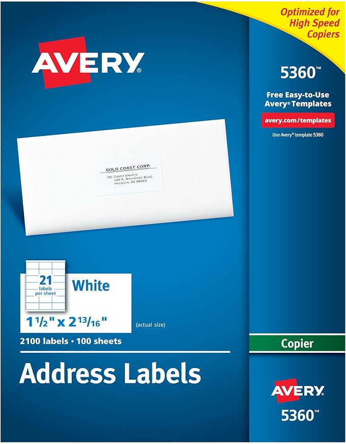 Avery® Address Labels for Copiers, 1" x 2-13/16", 5 Packs (5360)