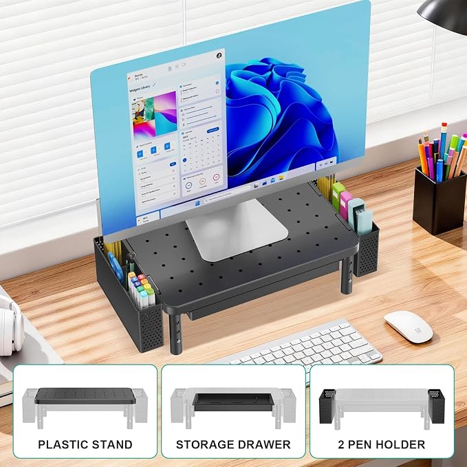 WALI Computer Monitor Stand with Storage, Desk Organizer with Drawer and Pen Holder, Desk Monitor Riser 3 Height Adjustable, Laptop Riser for Computer, Laptop, Printer(PTT003-B), 1 Pack, Black