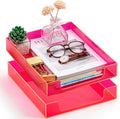 Neon Pink Acrylic Letter Tray 2 Pcs 12.6 x 10.2 x 2.1'' Paper Tray Organizer Stackable Desk Supplies with Non Slip Rubber for Office Accessories Desk File Document Folder
