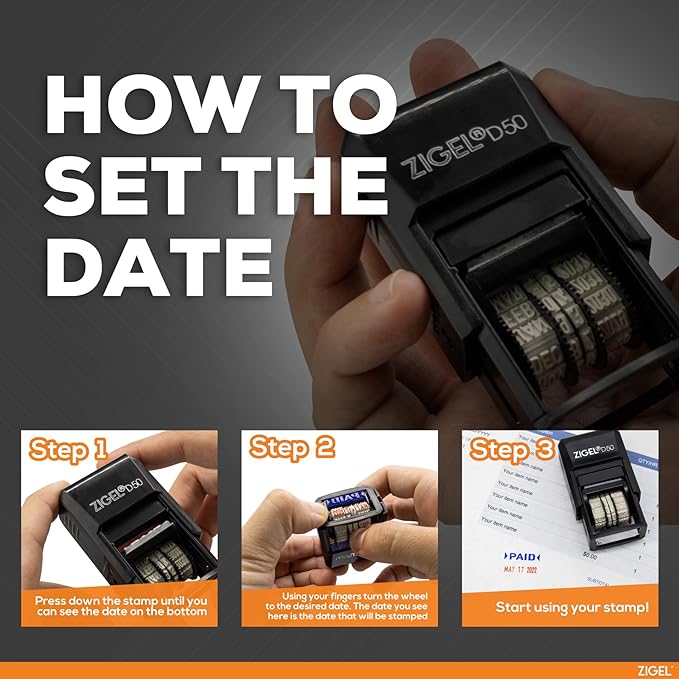ZIGEL D50 Date Stamp with E-MAILED - Self Inking Date Stamp - Black