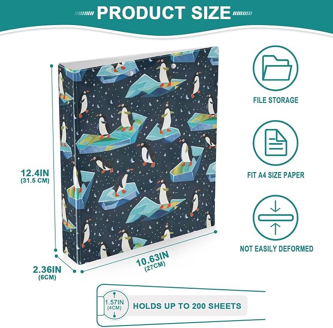 Funny Penguin Glaciers Black 3 Ring Binder 1.5" Decorative D-Ring Binder with Clipboard&3 Clear Pockets, Holds 200 Sheets A4 Size Paper Waterproof Binders for School Home Office|2 Pack