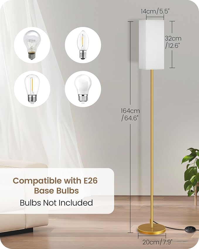 Floor Lamp, Pole with Foot Switch, Modern Standing Lamp Lampshade, Minimalist Freestanding Lamp (Bulb Not Included), for Living Room, Bedroom Office ETL Listed Gold and White DCW07LD05