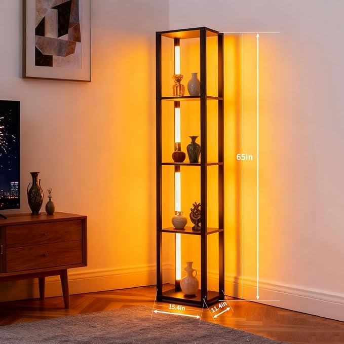 RGBCW Floor Lamp with Shelves, LED Smart Modern Floor Lamp with Music Sync, Color Changing Corner Display Shelf Lamp, Standing Lamp with Shelves for Living Room and Bedroom, Office, Black