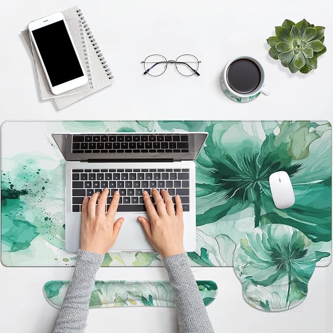 Keyboard Mouse Pad Set, 4 in 1 Desk Mat Set, Colorful Floral | Large Mousepad+Keyboard Wrist Rest+Mouse Wrist Rest+Coaster Ergonomic Design for Home Office Computer