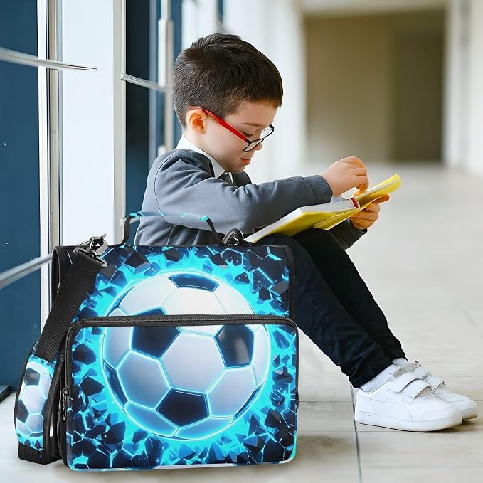3D Soccer Football Blue 3 Ring Binder Bag 1.5 inch Binder Organizer with Zipper Shoulder Strap 500 Sheet Documents Storage for School Office
