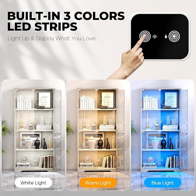 BROTTAR Display Cabinet with Glass Doors, 4-Tier Display Case, Gray | Curio Cabinet with 3 Color Lights for Collectibles, Storage Cabinets with Human Body Sensor