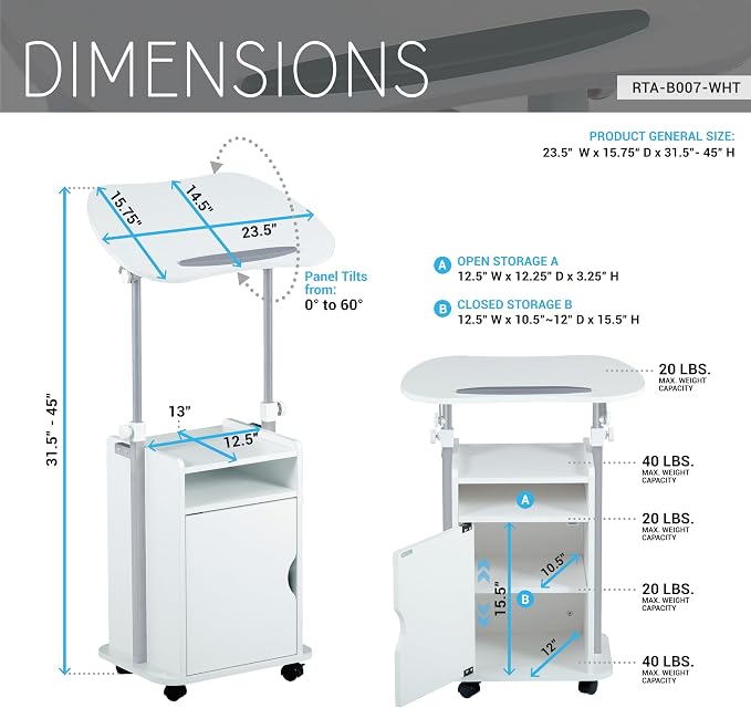 Techni Mobili Adjustable Laptop Cart w/Storage, Rolling Mobile Desk, White | Adjustable laptop cart with storage cabinet, shelf, locking wheels, sit‑stand height for home office, bedside, classroom