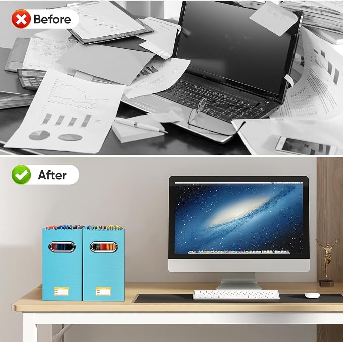 BALEINE 4PK File Organizer Box, Cardboard File Folder Organizer with Handle | Strong Corrugated Paper Core, Label Stickers for Identification, Hanging File Folder Organizer, Home Office Document Storage
