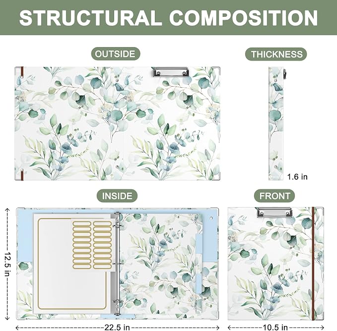 Rouidr 3 Ring Binder with clipboard, 1 inch 8.5 x 11 in Letter Size View Binders Organizer with Dividers Tabs & Clear Sleeves, School Supplies, Office Supplies, Eucalyptus Leaf