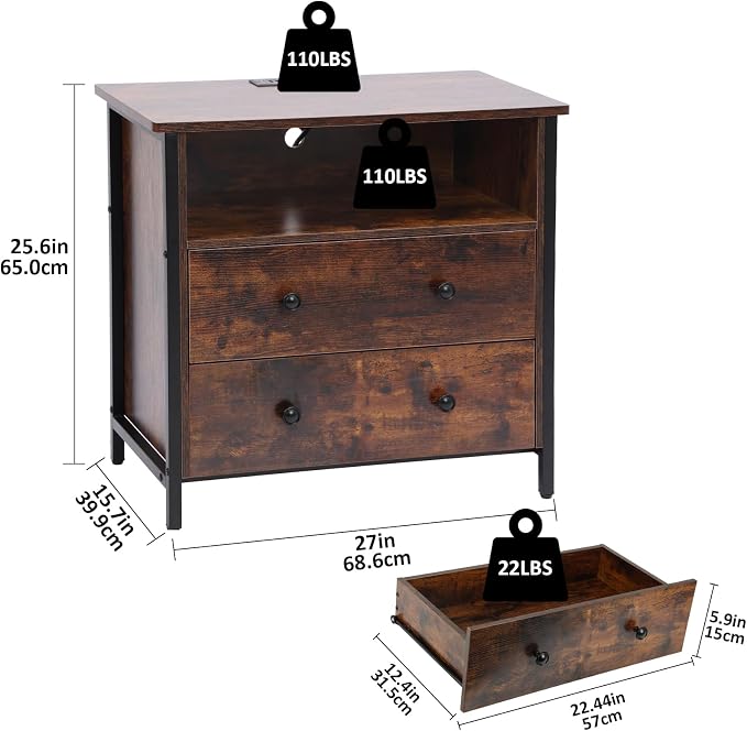 27 Inch LED Nightstand with Charging Station, 2 Drawers, Retro | RGB App Control, 2 AC Outlets & 2 USB Ports, Open Storage, Adjustable Feet, Wood Tall Nightstand for Bedroom or Office