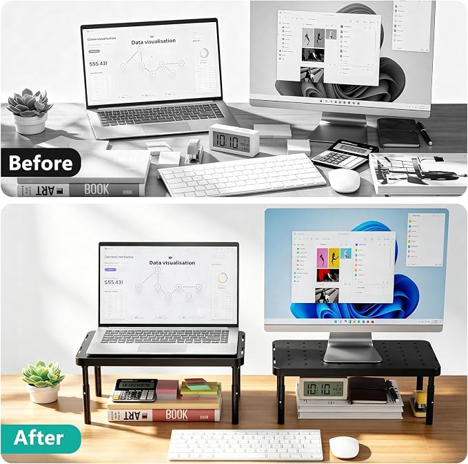 WALI Computer Monitor Stand for Desk, Adjustable Laptop Riser, up to 44 lbs | Monitor Riser Under-Desk Storage, Fits Monitors, Laptops, Printers, for Home, Office, School Supplies (PTT001), 1 Pack, Black