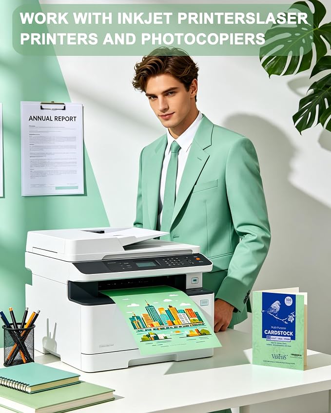 Veritas Green Colored Cardstock, 8.5" x 11" Colored Copy paper, 110LB/199GSM Printer Paper, 100 Sheets (1 Reams), Colored Multi-Purpose Paper, Made in USA