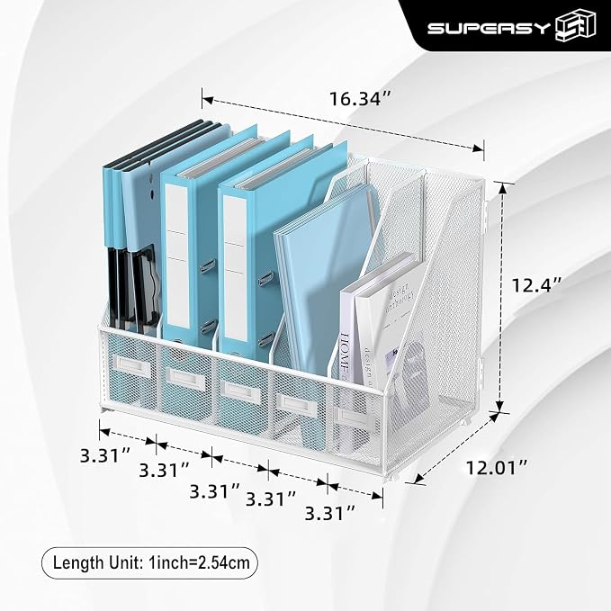 Desk Organizers Metal Desk Magazine File Holder with 5 Vertical Compartments Rack File Organizer for Office Desktop, Classroom, Home Workspace, White Plus