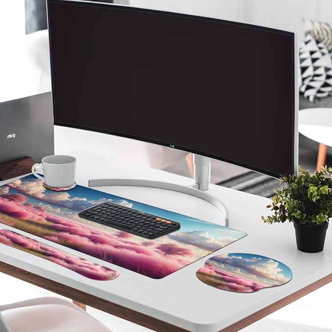 Keyboard Mouse Pad Set, 4 in 1 Desk Mat Set, Pink Clouds | Plants Dreamy Large Mousepad+Keyboard Wrist Rest+Mouse Wrist Rest+Coaster Ergonomic Design for Home Office Computer