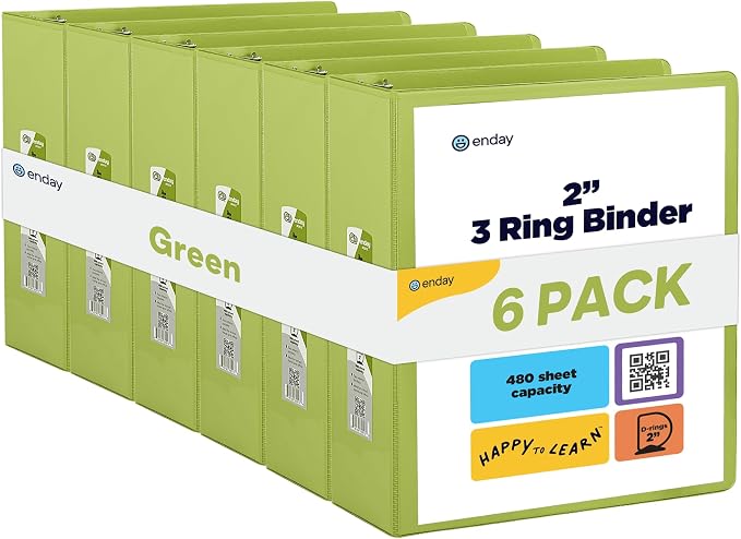 Enday 2 inch 3 Ring Binder (6 Pack - Green) Binder 2 inch with Clear View Cover and 2 Inside Pocket - for Letter Size 8.5 x 11'' Paper, Ideal for School Supplies, Office, and Home