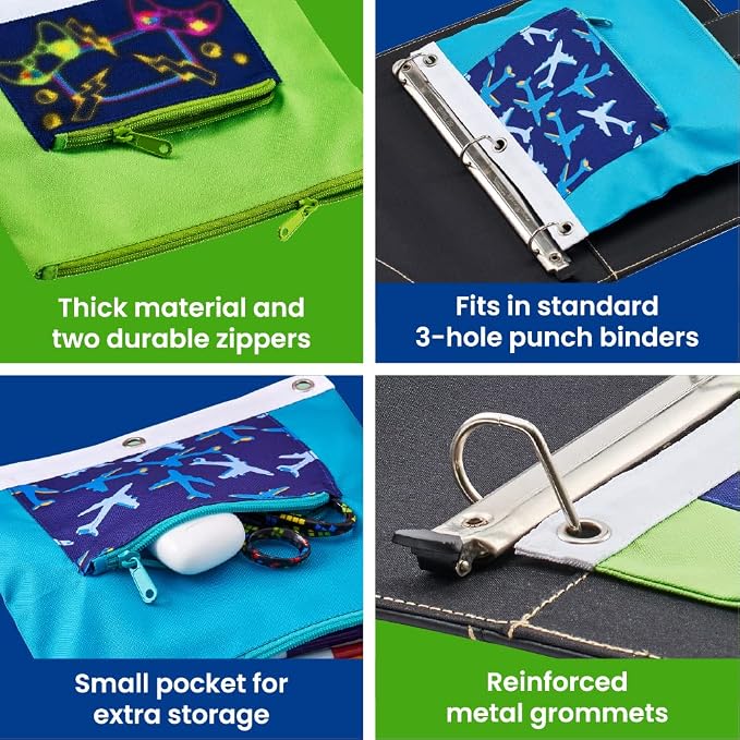 It's Academic Pencil Pouch for 3-Ring Binder, 2-Pockets with Zipper, for School Supplies, Large & Mini Pouch, Navy & Jets Design, 2-Pack