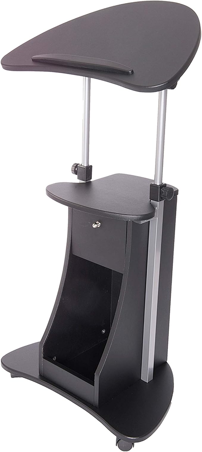 Techni Mobili Adjustable Height Rolling Laptop Cart with Storage, Black | Adjustable Height Rolling Laptop Cart with Tilting Top, Storage Shelf, Locking Wheels, Sit to Stand Desk, Mobile Podium,Black