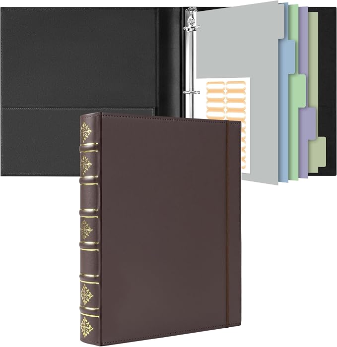Ospelelf Vintage 3 Ring Binder 1 Inch, Leather Hardback D Ring Binder with Pockets and 5 Tab Dividers, Book Style Document Organizer Fits Letter Size for Home and Office Brown