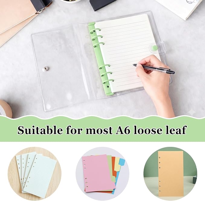 A5 Binder 6 Ring, Clear PVC Notebook Cover, Refillable Planner | Loose Leaf Budget Binder with Snap Button Closure, Round Ring Binder for School Office Home, 2 Pack, Green and Yellow