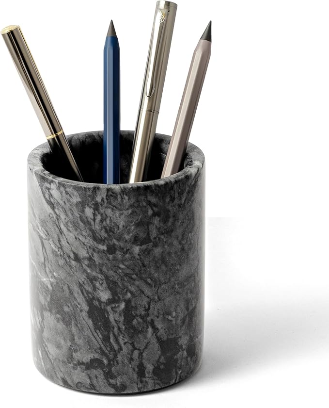 Pen Holder Stand Italy Natural Premium True Marble Makeup Brush Holders, Tableware Organizer Desk Pencil Cup for Home Office School Decor Dark Grey (DL012)