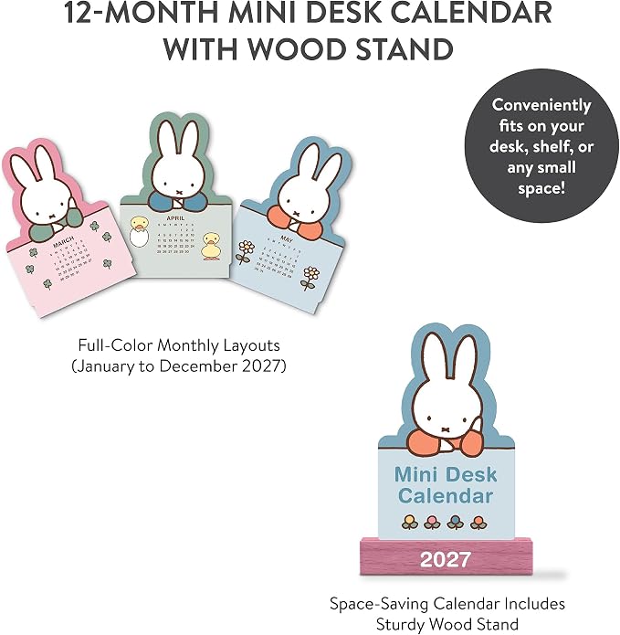 Orange Circle Studio 2027 Miffy A Year in Color Mini Desk Calendar with Wooden Stand, 12-Month Small Desktop Calendar, Full-Color Monthly Layouts, 300 GSM FSC-Certified Paper, Office Desk Décor