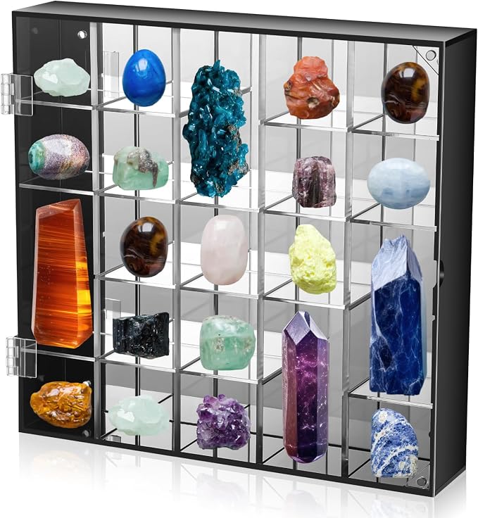 Cinnvoice Rock Display Case 25 Grids,Black Border, Square | Adjustable Acrylic Display Case, Crystal Organizer for Collectible, with Built-in Mirrored, Magnetic Door, Wall Mount