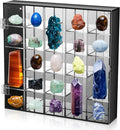 Cinnvoice Rock Display Case 25 Grids,Black Border, Square | Adjustable Acrylic Display Case, Crystal Organizer for Collectible, with Built-in Mirrored, Magnetic Door, Wall Mount