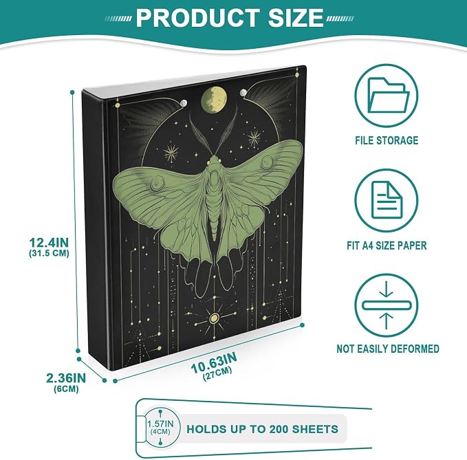 Gothic Luna Moth 1.5 Inch Binders 3 Ring with Clipboard&2 Pockets Large Heavy Duty Binders Decorative D-Ring Binder Flexible Green and Black Goth Hardcover Binders, Holds 200 Sheets