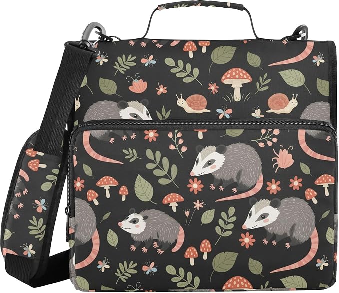 Opossum Mushroom Black Print Zipper Binder Bag 3 Ring with Shoulder Strap & Handle Multi Pocket Binder Organizer Bag Large Capacity for School Office Supplies