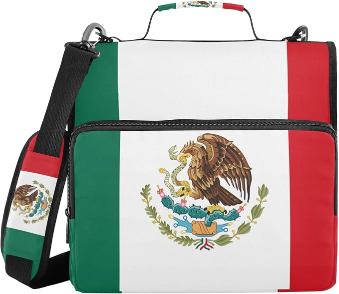 Fisyme Mexico Flag Zipper Binder 3 Ring with Zipper and Shoulder Strap Large Capacity Multi-Pocket Binder Organizer