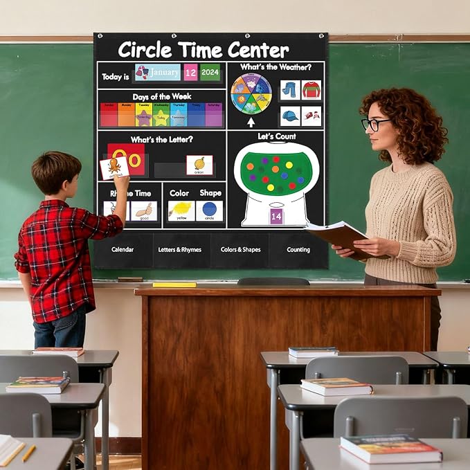 Boczif Circle Time Learning Center Pocket Chart, Classroom Calendar(Black)